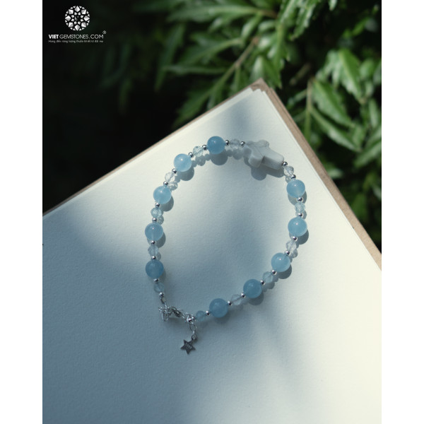 Vòng Chuỗi Mân Côi Aquamarine Charm Bạc 